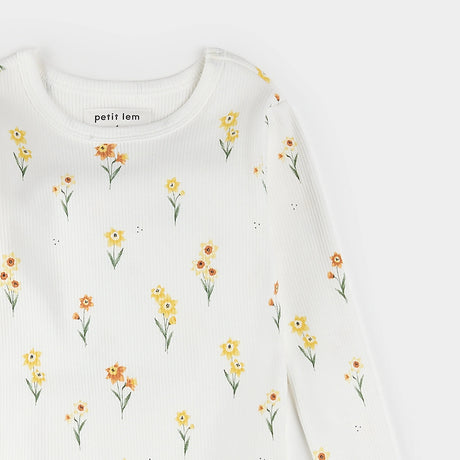 Back or alternate view of off-white daffodil print kids pajama top and pants