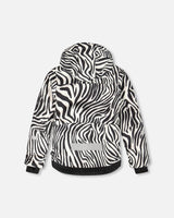 Back view of Deux par Deux zebra print TEKNIK snowsuit jacket with hood