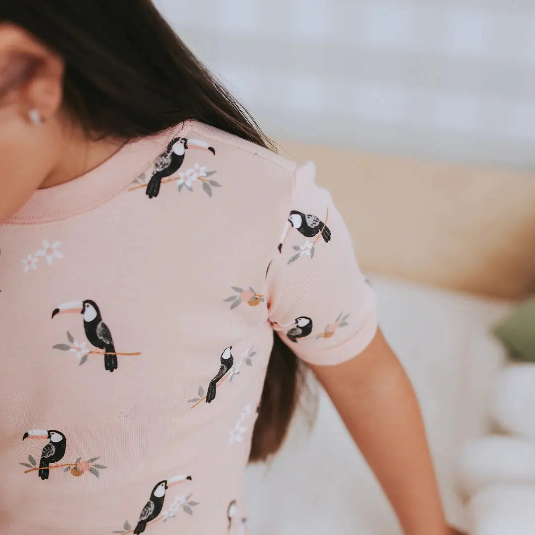 Back view of kids toucan print organic cotton summer sleepwear