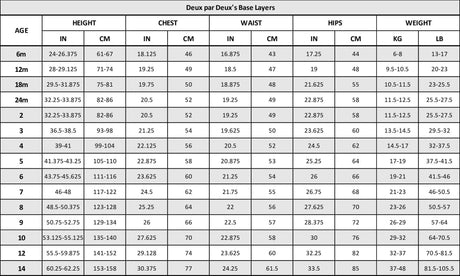 Size guide for the Deux par Deux blue gray merino wool base layer set