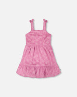 Front flat lay of pink Deux par Deux girl beach cover-up dress with tiered skirt