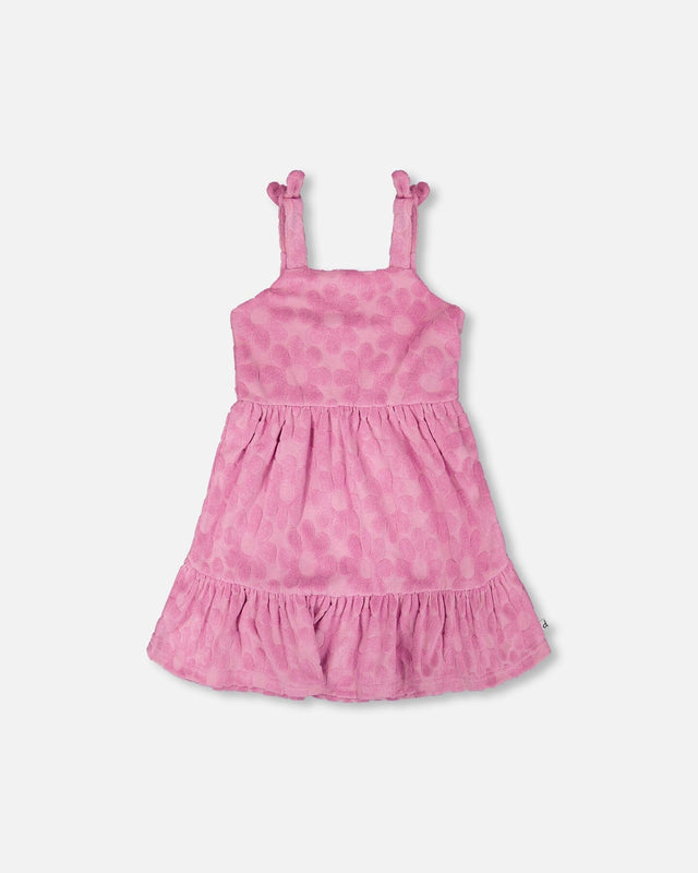 Front flat lay of pink Deux par Deux girl beach cover-up dress with tiered skirt