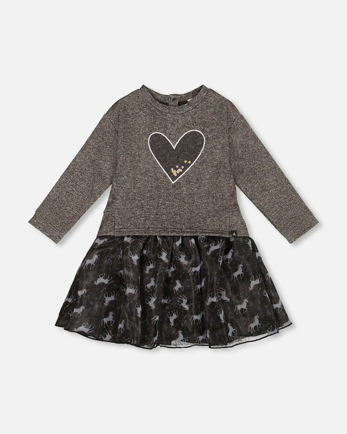 Bi-Material Dress Black With Mesh Skirt And Heart | Deux par Deux | Jenni Kidz