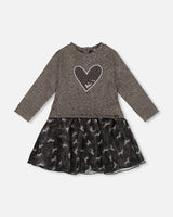 Bi-Material Dress Black With Mesh Skirt And Heart | Deux par Deux | Jenni Kidz