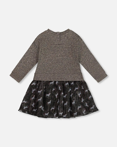 Bi-Material Dress Black With Mesh Skirt And Heart | Deux par Deux | Jenni Kidz