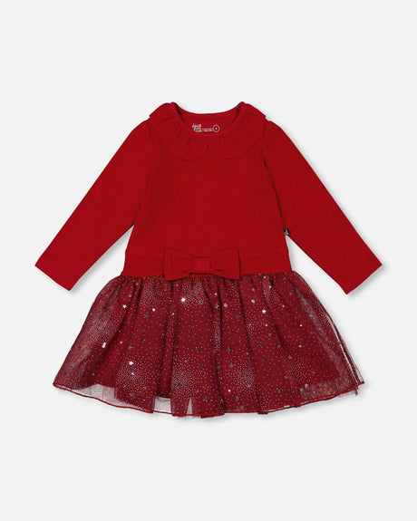 Bi-Material Dress With Glittering Skirt Red | Deux par Deux | Jenni Kidz