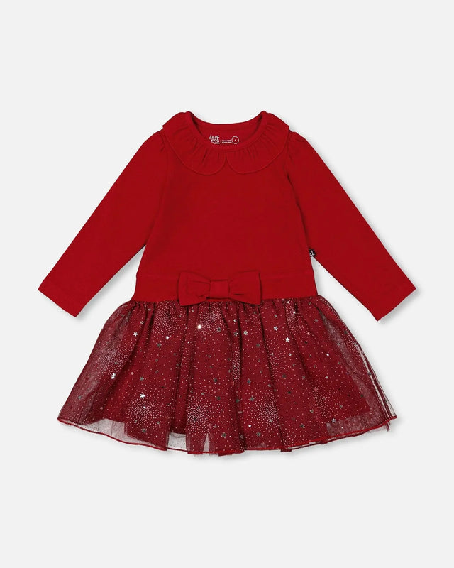 Bi-Material Dress With Glittering Skirt Red | Deux par Deux | Jenni Kidz