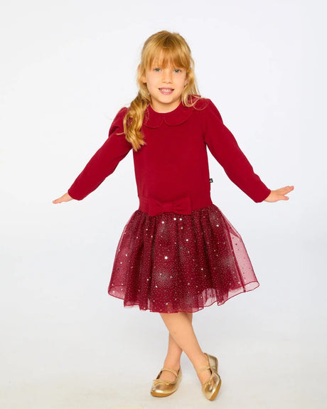 Bi-Material Dress With Glittering Skirt Red | Deux par Deux | Jenni Kidz