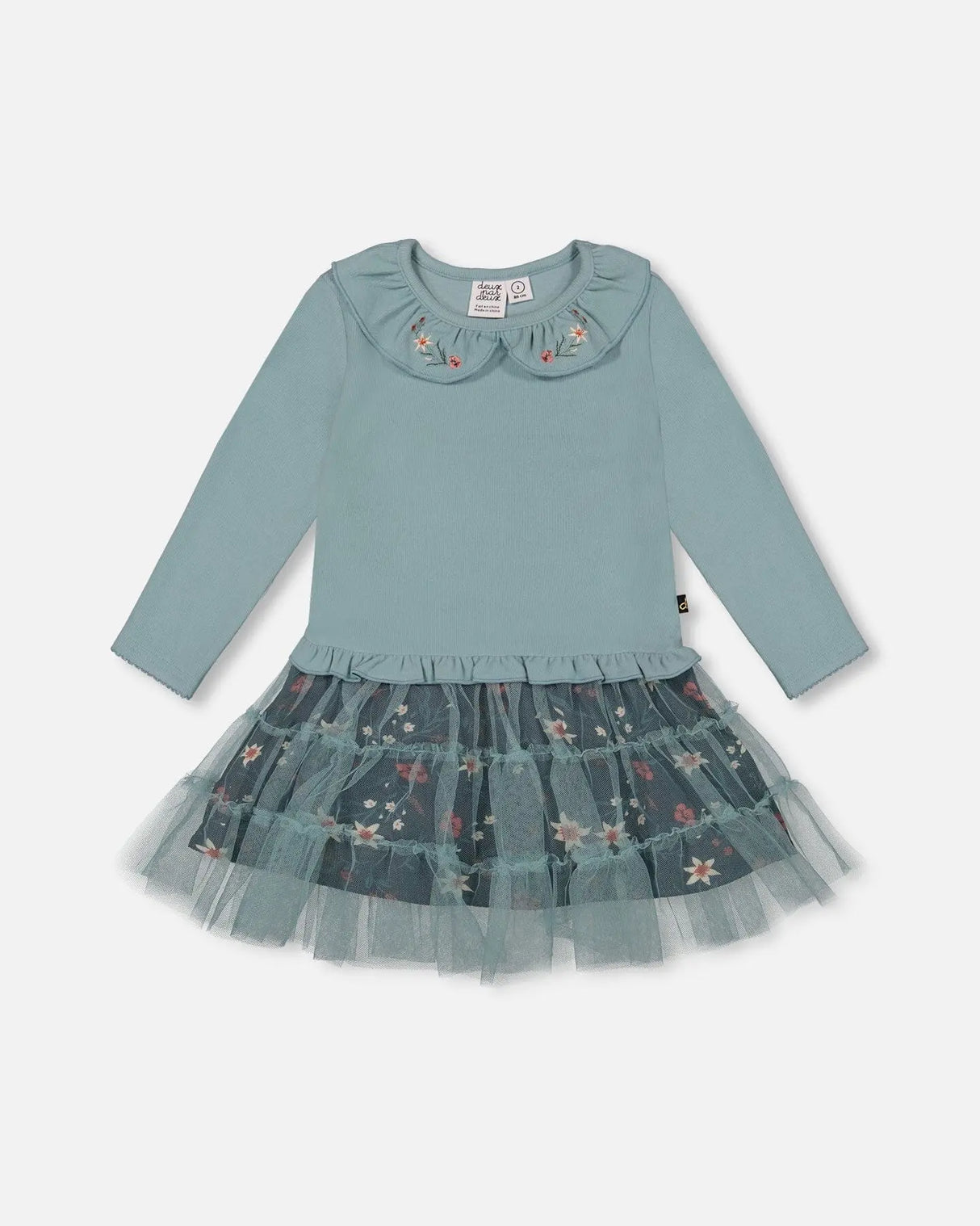 Bi-Material Dress With Mesh Skirt Teal Printed Flowers | Deux par Deux | Jenni Kidz