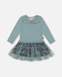 Bi-Material Dress With Mesh Skirt Teal Printed Flowers | Deux par Deux | Jenni Kidz