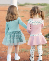 Bi-Material Dress With Mesh Skirt Teal Printed Flowers | Deux par Deux | Jenni Kidz