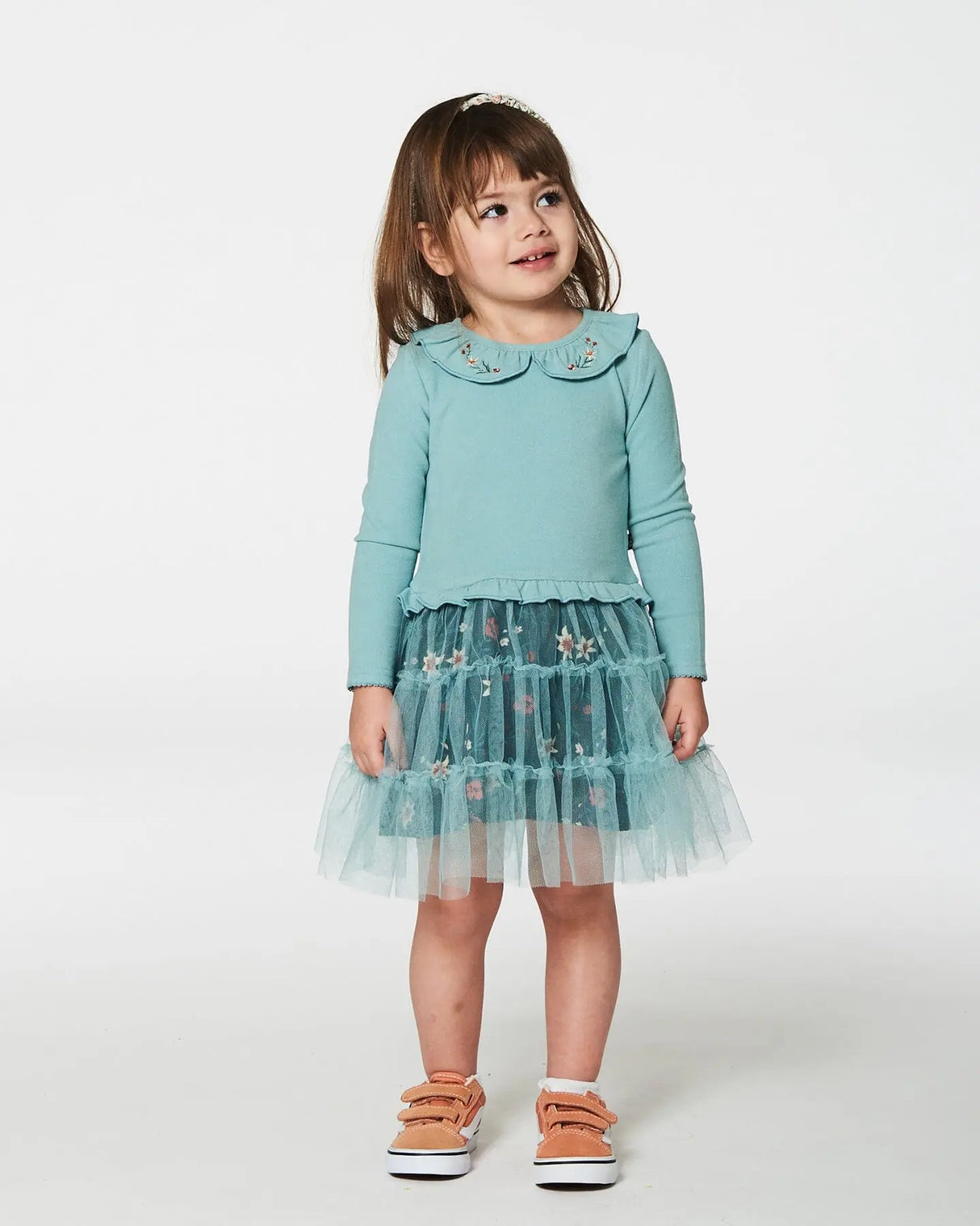 Bi-Material Dress With Mesh Skirt Teal Printed Flowers | Deux par Deux | Jenni Kidz