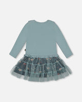 Bi-Material Dress With Mesh Skirt Teal Printed Flowers | Deux par Deux | Jenni Kidz