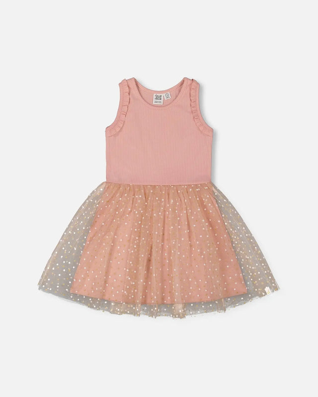 Bi-Material Dress With Printed Dots On Mesh Skirt Warm Old Pink | Deux par Deux | Jenni Kidz