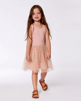 Bi-Material Dress With Printed Dots On Mesh Skirt Warm Old Pink | Deux par Deux | Jenni Kidz