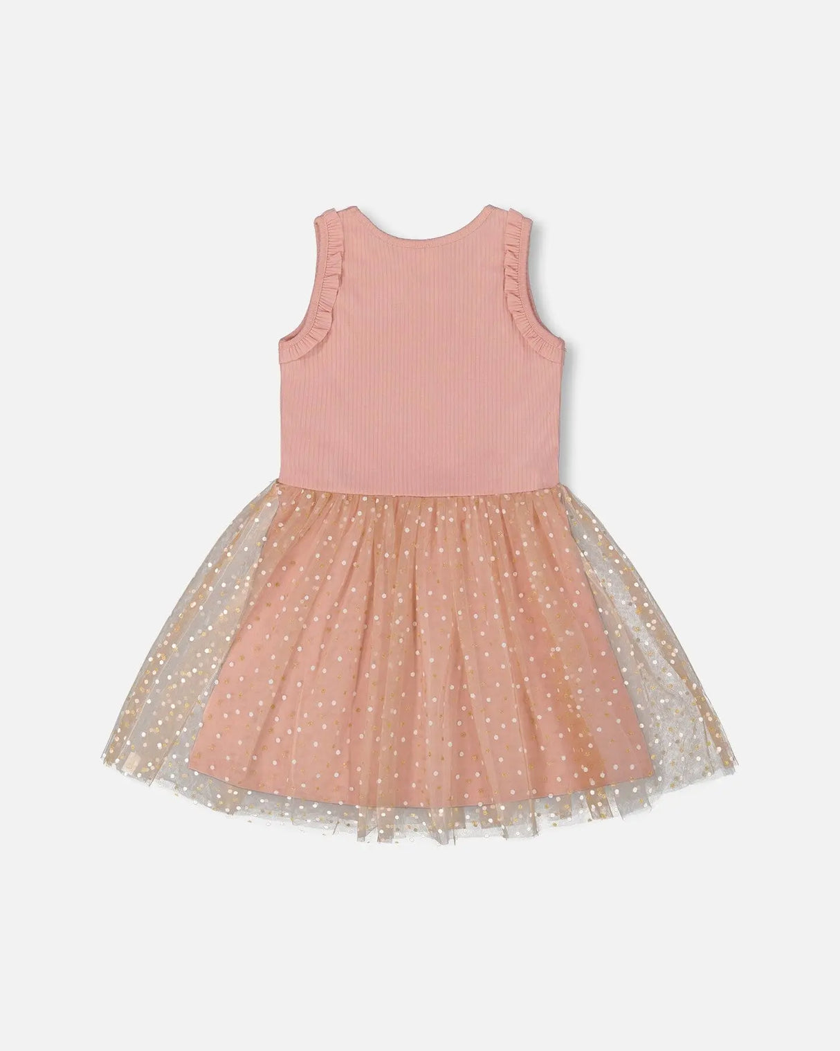 Bi-Material Dress With Printed Dots On Mesh Skirt Warm Old Pink | Deux par Deux | Jenni Kidz