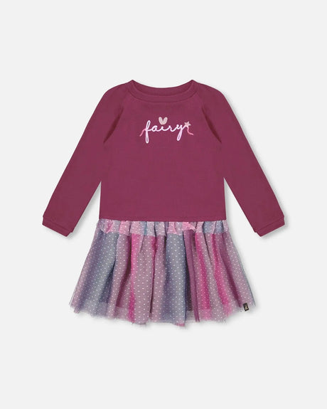 Bi-Material Dress With Tulle Skirt Burgundy | Deux par Deux | Jenni Kidz