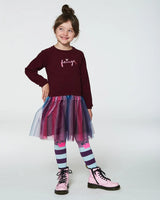 Bi-Material Dress With Tulle Skirt Burgundy | Deux par Deux | Jenni Kidz