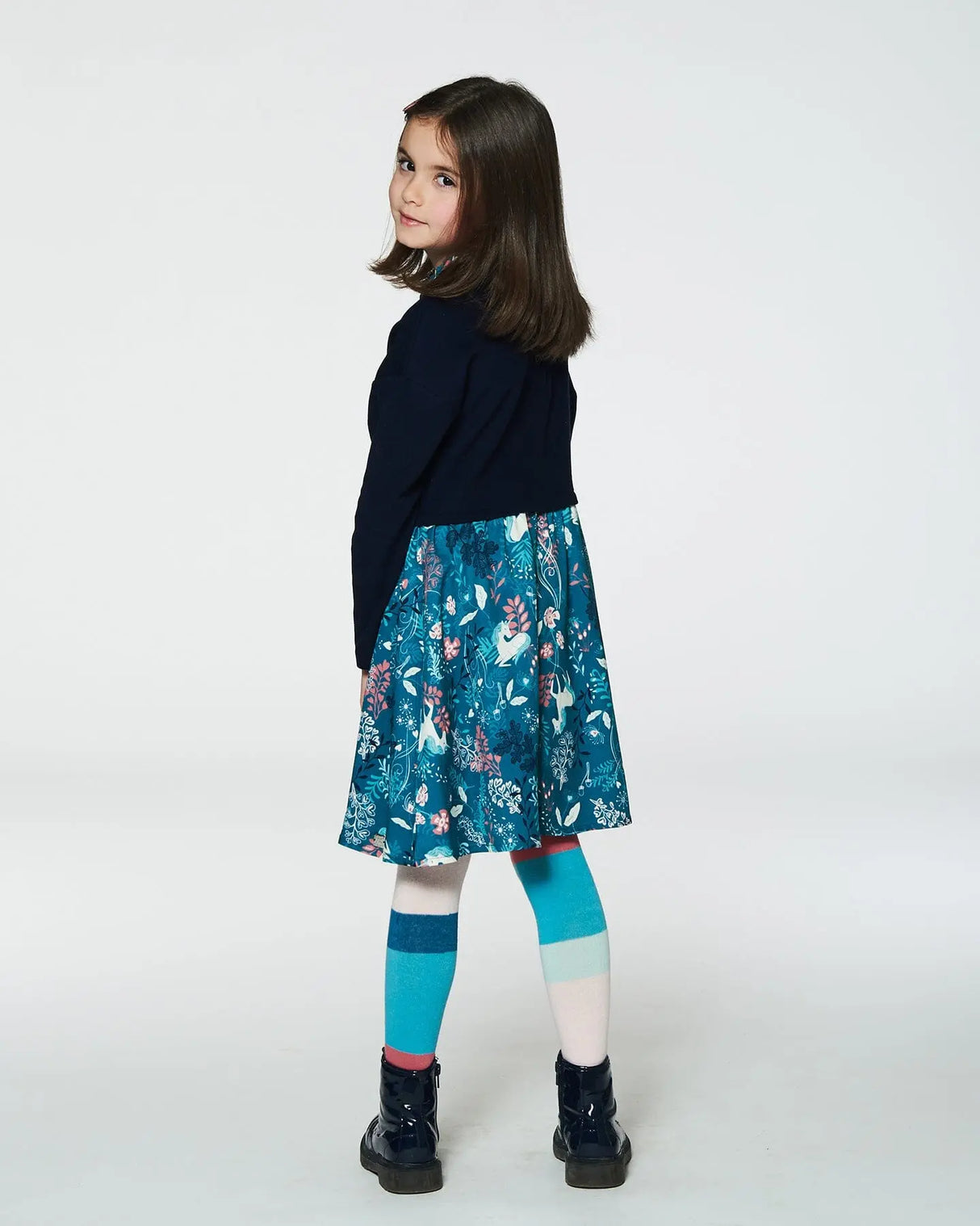 Bi-Material Long Sleeve Dress Turquoise Printed Fairy Unicorn | Deux par Deux | Jenni Kidz