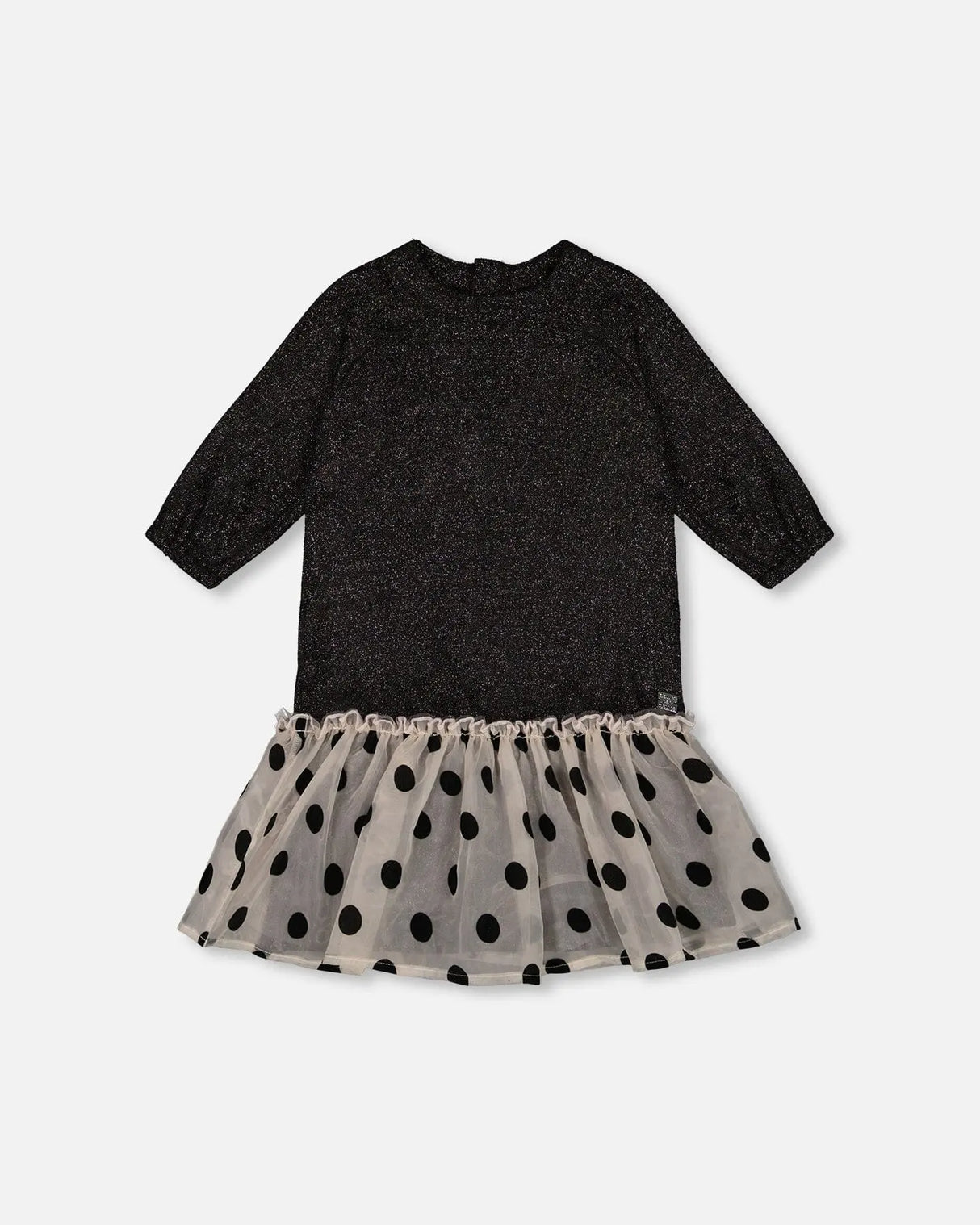 Bi-Material Long Sleeve Dress With Frill Shimmering Black | Deux par Deux | Jenni Kidz