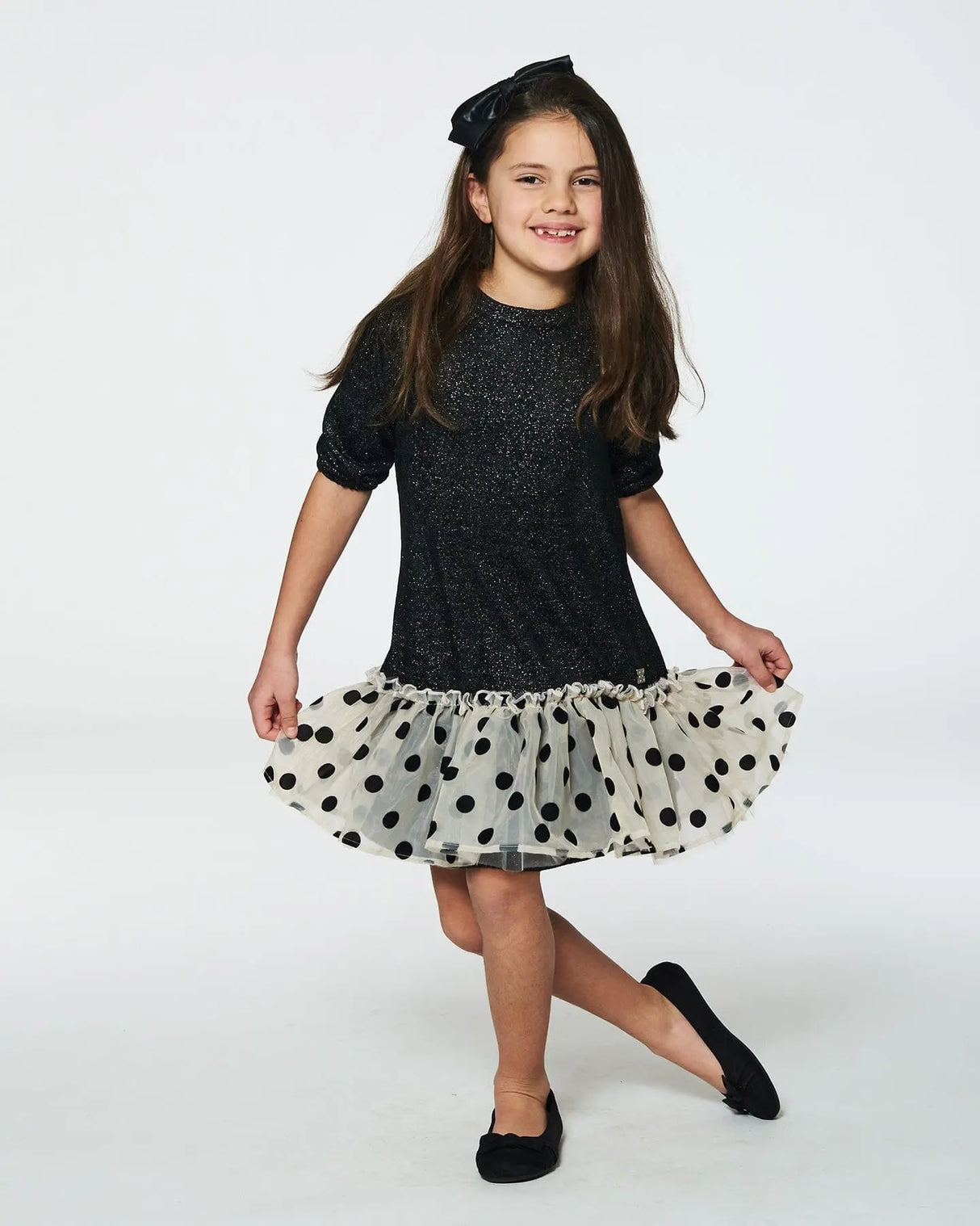 Bi-Material Long Sleeve Dress With Frill Shimmering Black | Deux par Deux | Jenni Kidz