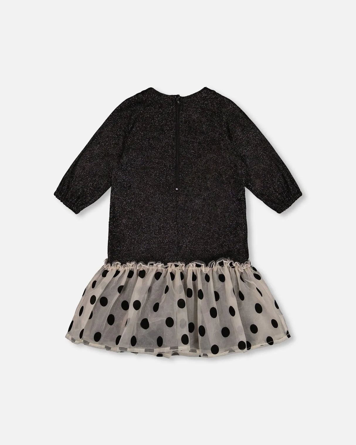 Bi-Material Long Sleeve Dress With Frill Shimmering Black | Deux par Deux | Jenni Kidz