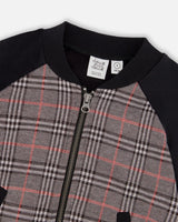 Bi-Material Zip Front Jacket Gray And Black Plaid | Deux par Deux | Jenni Kidz
