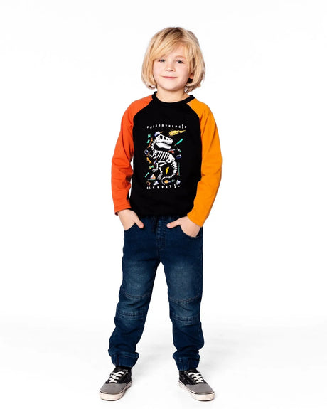 Black Long Sleeve Raglan T-Shirt With Glow-In-The-Dark Dinosaur Print | Deux par Deux | Jenni Kidz