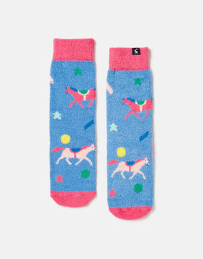 Joules Blue Pink Horse Fluffy Socks: front of pair with horses and stars