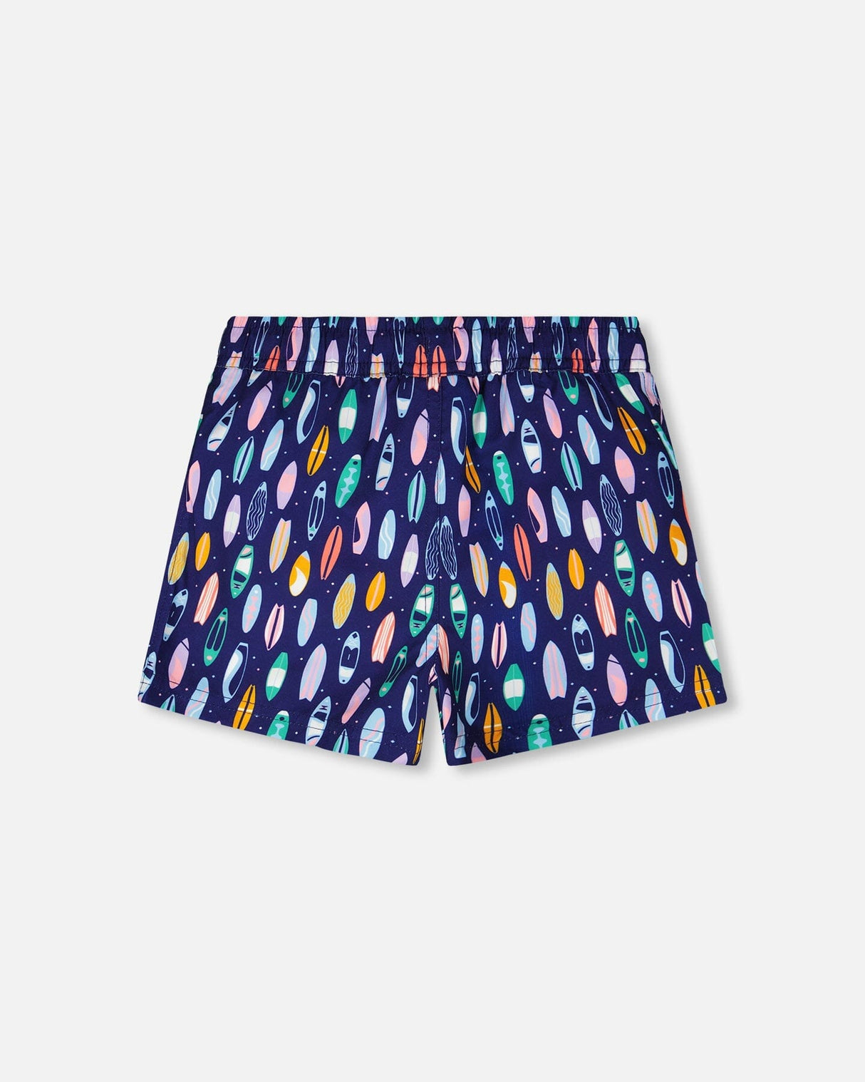 Back view of blue surfboard print boardshorts for boys