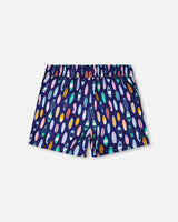 Back view of blue surfboard print boardshorts for boys