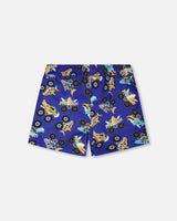 Back view of blue truck print boardshorts for boys