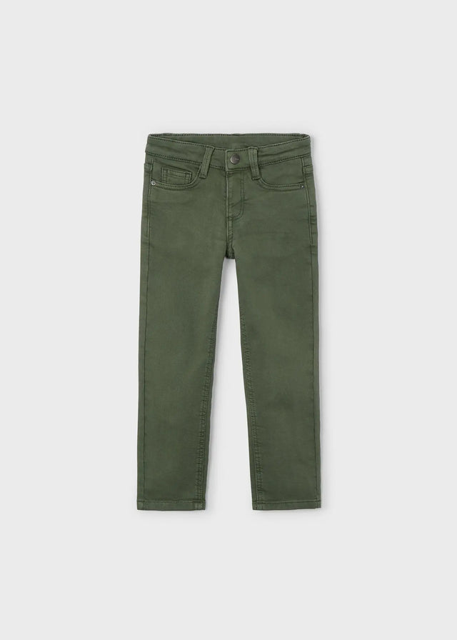 Olive Mayoral boys straight-leg pants in cotton twill with adjustable waistband and front/back pockets.