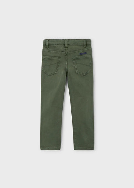 Back view of kids chinos in olive green showing pockets and regular fit.