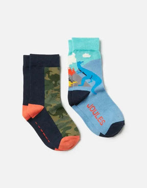 Joules Brill Camo Dinosaur Volcano Socks 2-Pack: two pairs with camouflage and dinosaur designs