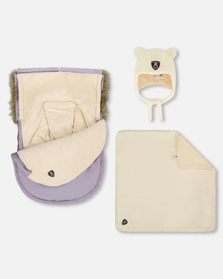 Infant footmuff 0–9 months installed on car seat, purple gray, full-length side zipper open