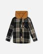 Button Down Flannel Shirt With Hood Plaid Black And Caramel | Deux par Deux | Jenni Kidz