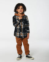 Button Down Flannel Shirt With Hood Plaid Black And Caramel | Deux par Deux | Jenni Kidz