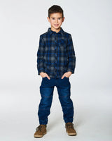 Button Down Flannel Shirt With Pocket Plaid Navy And Gray | Deux par Deux | Jenni Kidz