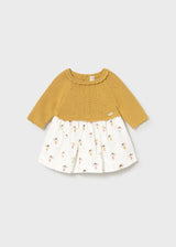 Buy Mayoral newborn girl knit printed dress in yellow and white – front view