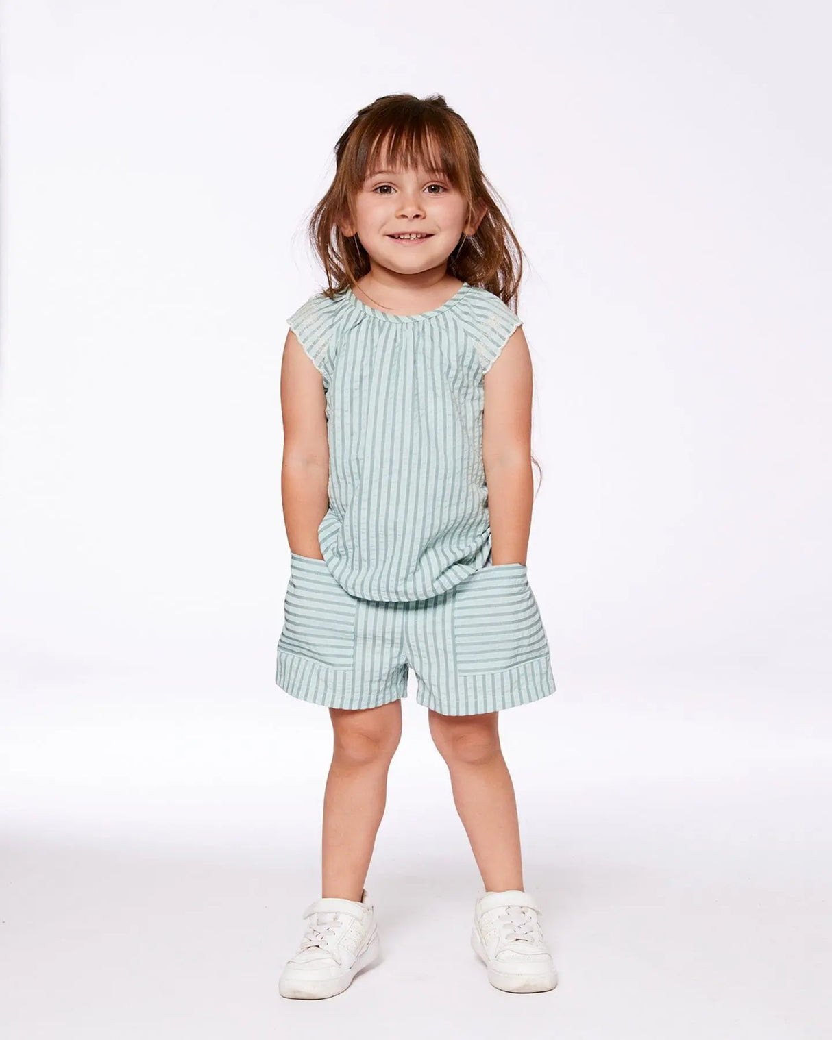 Chambray Blouse And Short Set Mint Green Striped | Deux par Deux | Jenni Kidz