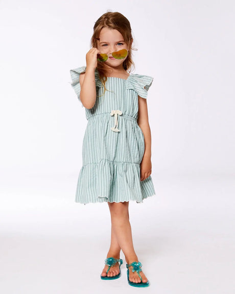 Chambray Dress With Embroidery Mint Green Striped | Deux par Deux | Jenni Kidz