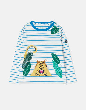 Joules Chomp Blue Stripe Interactive Tiger T-Shirt: front view with jungle tiger