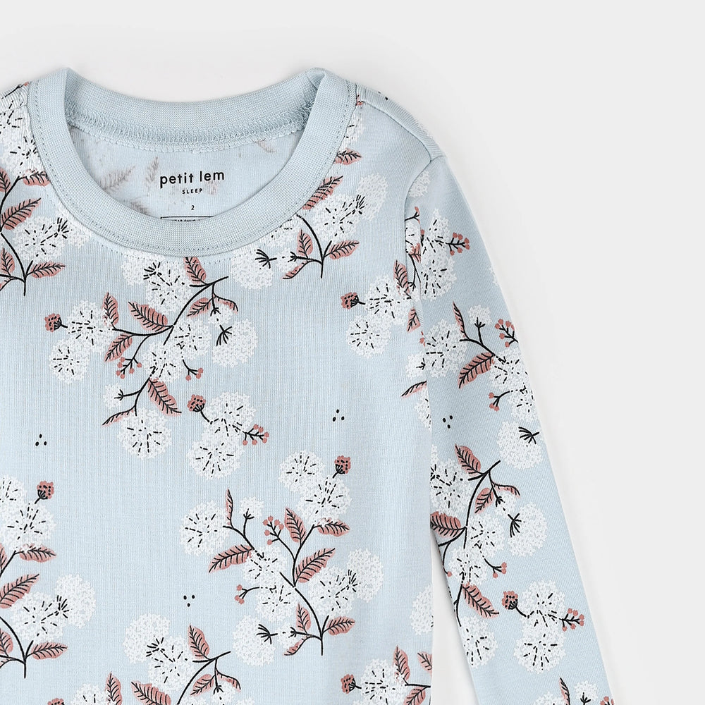 Close-up of hydrangea floral print on organic cotton kids pajamas
