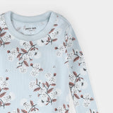 Close-up of hydrangea floral print on organic cotton kids pajamas