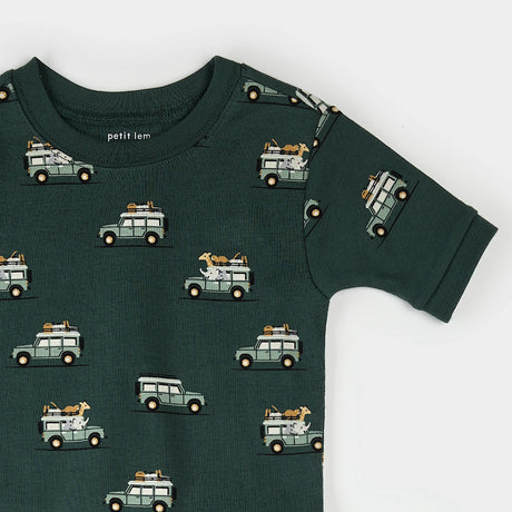Close-up of safari jeep print on organic cotton kids summer sleep set