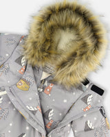 Cordura-reinforced panels and durable stitching on baby boys gray bear winter snowsuit