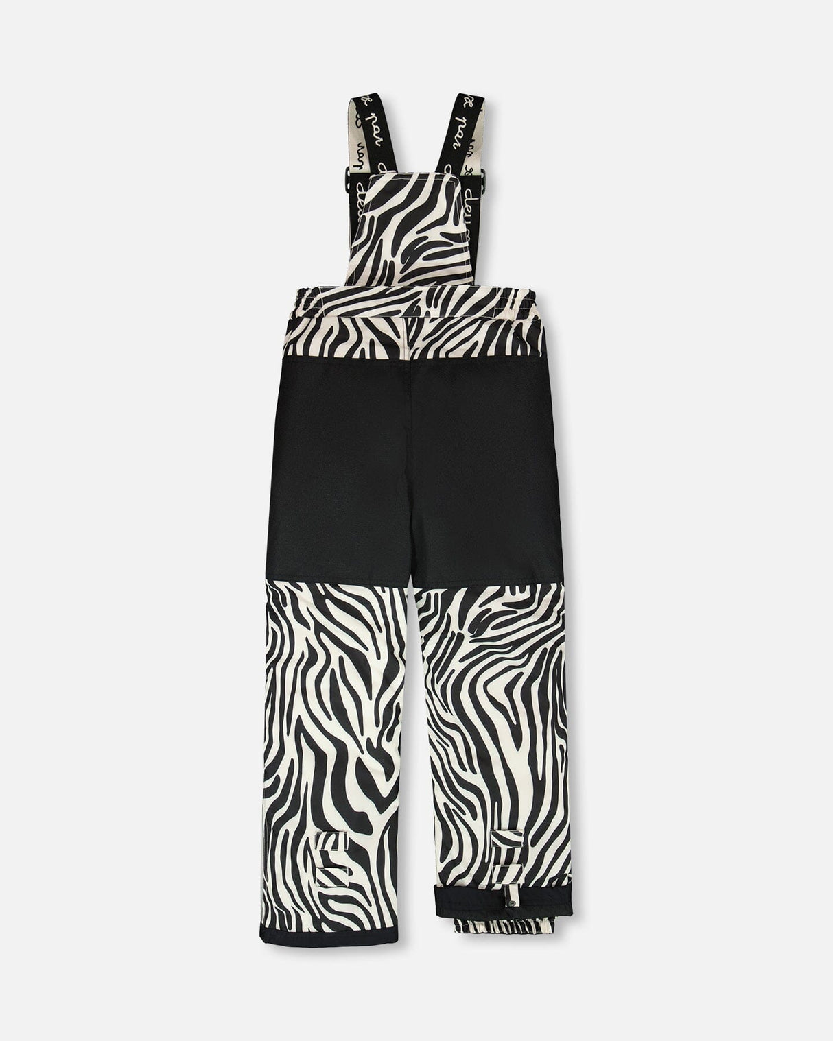 Cordura® reinforced knees on zebra bib pants, internal snow gaiters