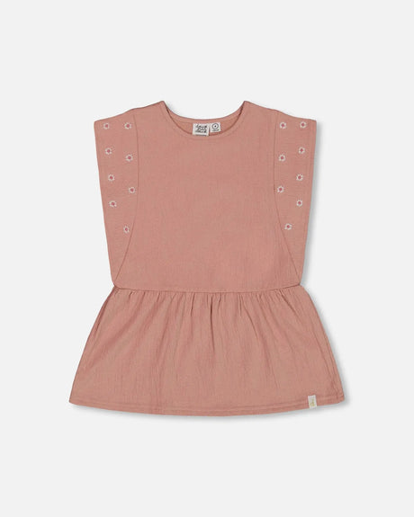 Crinkle Jersey Tunic With Embroidery Dark Old Pink | Deux par Deux | Jenni Kidz