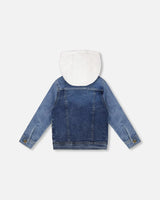 Denim Jacket With French Terry Hood White And Denim Blue | Deux par Deux | Jenni Kidz